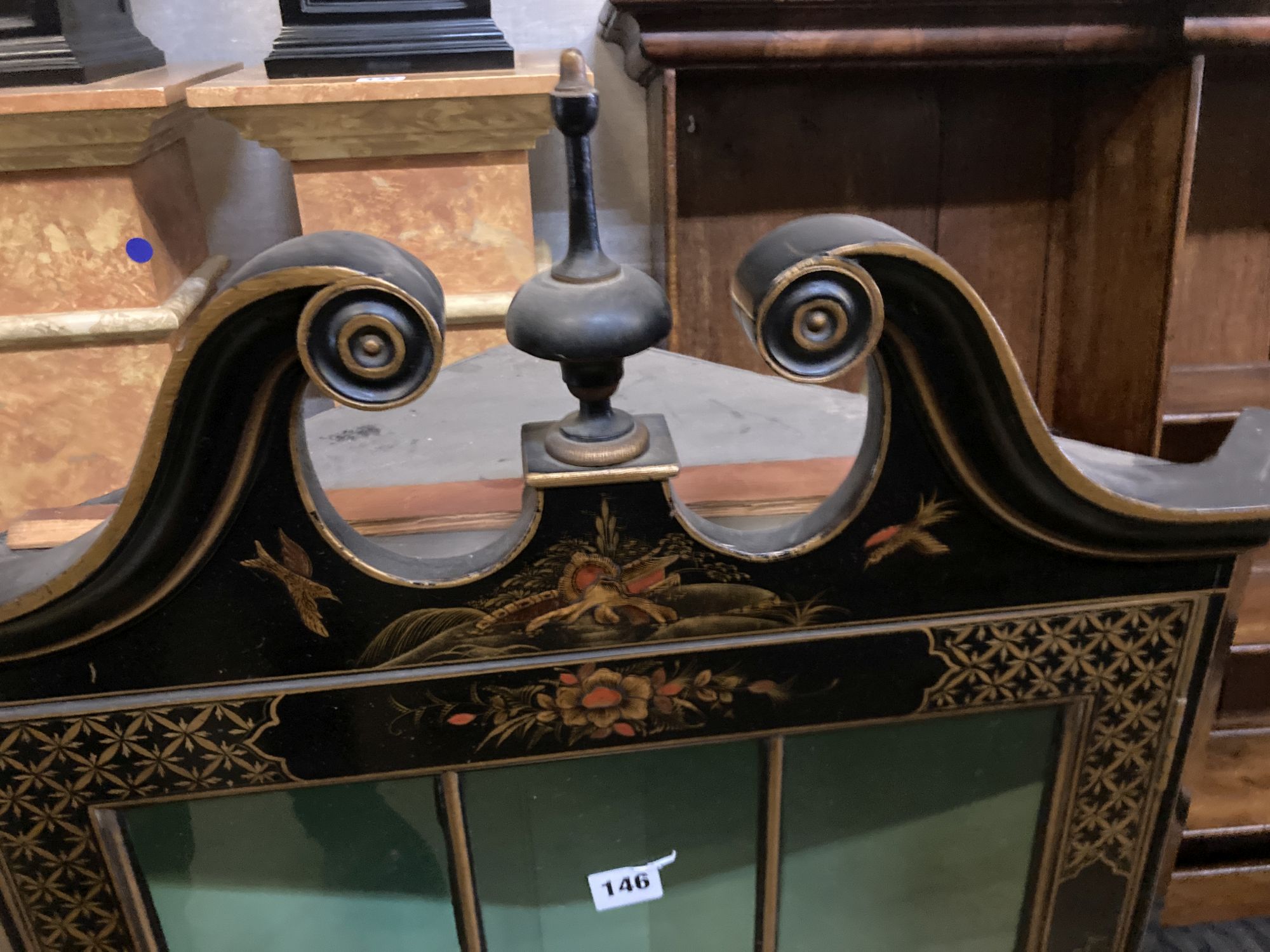 A 1920s chinoiserie lacquer hanging corner cabinet, width 66cm, depth 36cm, height 115cm
